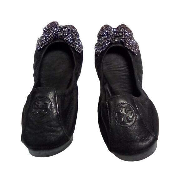 Tory Burch Eddie Black Jeweled-Bow Ballet Flats - Size 8 1/2 - Picture 3 of 16